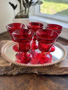 Fostoria Jamestown Ruby Red Wine Glasses Goblets Drinking Glass Set of 5 - Picture 1 of 6