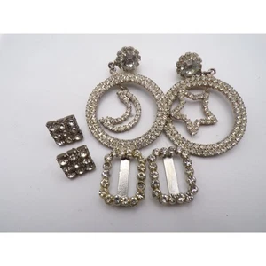 Vintage Rhinestone Jewelry Lot Earrings Shoe Clips Dress Clip Clear Sparkle 70s - Picture 1 of 2