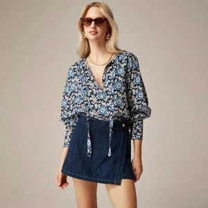 J Crew Womens Floral Tie Peasant Blouse Size XL Puff Sleeves V Neck Dobby - Picture 1 of 11