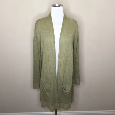 Cárdigan suéter de lino Orvis pequeño para mujer bolsillos delanteros abiertos verde oliva Foto 1 de 4