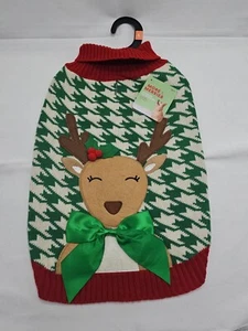 More & Merrier Christmas Red And Green Reindeer Pet Sweater Size L 17-19 In - Picture 1 of 9
