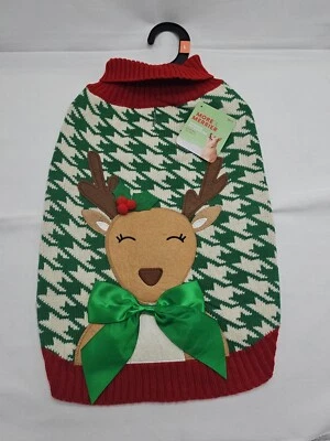 More & Merrier Christmas Red And Green Reindeer Pet Sweater Size L 17-19 In - Image 1 of 4