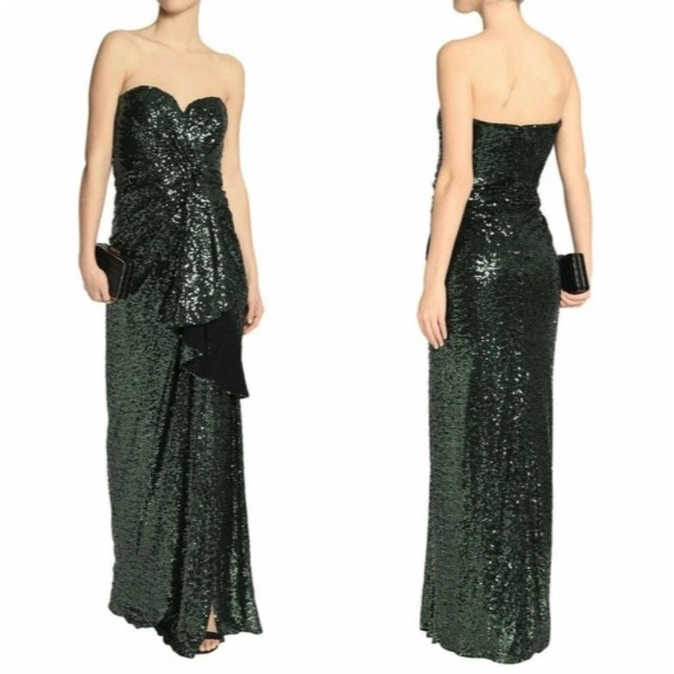 BADGLEY MISCHKA Dress 8 Green Long Gown Sequin Draped Bridesmaid Evening Forest - Image 1 of 4