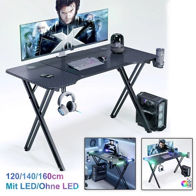 LED Gaming Tisch 120/140/160cm Ergonomischer PC Computertisch X-förm Tischbeine - Bild 1 von 4