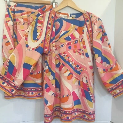 Vintage 1980s PIA RUCCI 2 pc 100% Silk Designer Pop Art Geometric 8 Pink Blue - Image 1 of 4