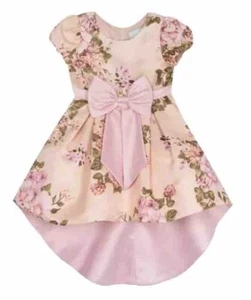 RARE EDITIONS Girls Satin Floral Print w/Bow High Low Dress Taupe/Pink NWT $84 - Picture 1 of 9