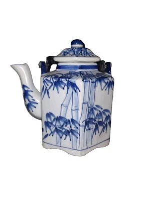 Blue & White Chinoiserie Porcelain Hexagonal Teapot With Brass Handle Vintage - Image 1 of 4