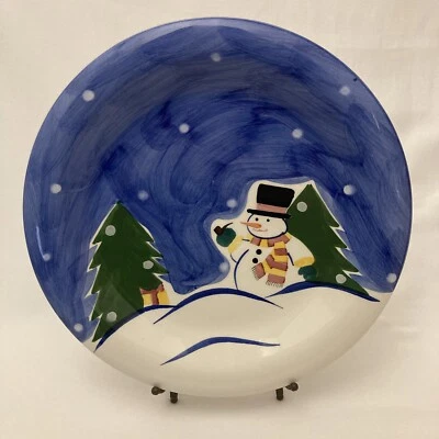 Cook Club Snowman Christmas Cookie Plate 11" Hand Painted Royal Blue Snow Scene - Image 1 of 4