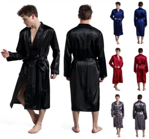 Mens Satin Silk Pajamas Kimono Bathrobe Robe Dressing Summer Gown Pjs Loungewear - Picture 1 of 19