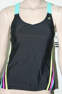New Adidas Piped Crossback Solid Tankini Swimsuit Top Black Size 10 - Picture 1 of 9
