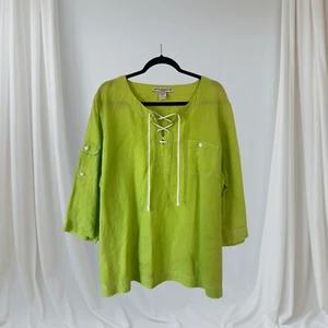 David Brooks Womens Lagenlook Lace Up Half Sleeve Top Size 2XL 100% Linen Green - Picture 1 of 12