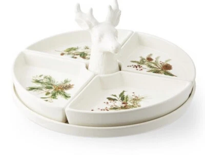 Williams Sonoma WOODLAND BERRY STAG HEAD Lazy Susan W/4 Serving Trays  Holiday - Image 1 of 4