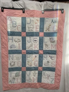 Handmade Crib Toddler quilt ABC cross stitch embroidered animals 46X35 inch - Picture 1 of 7