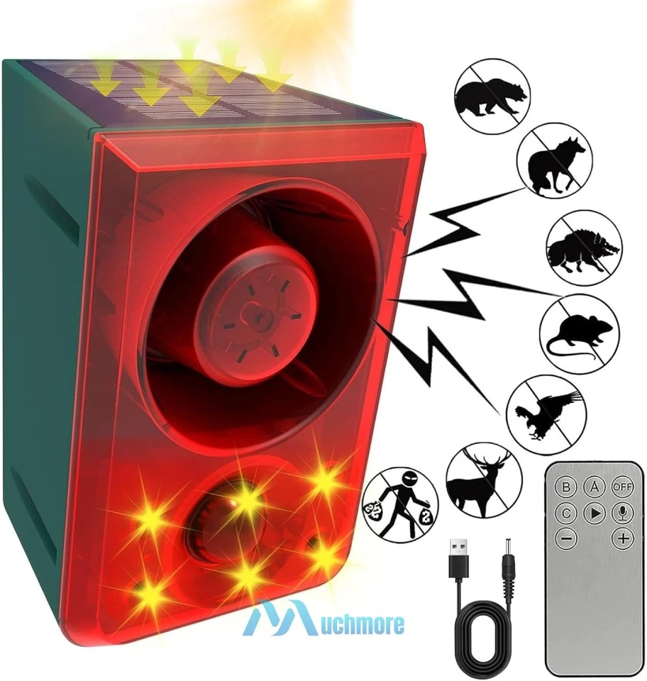 Solar Outdoor Motion Sensor Alarm - Red Light Dog Barking & Gunshot Sound 130db