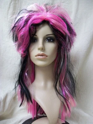 Funky Pink Blonde Black Attitude Wig 80s 90s Ladies Punk Bad Mullet EMO Witch - Image 1 of 4