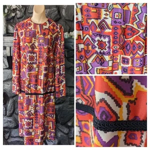 Vtg 70s Westbury Fashions Mod Psychedelic Orange Purple Dress M/L Drop Waist - Picture 1 of 14