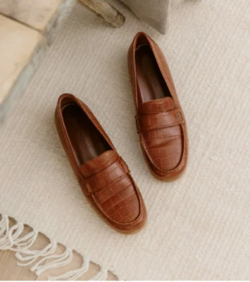 JENNI KAYNE Croc Embossed Leather Women's Flat Penny Loafers EU 40 US 10- Brown - Image 1 of 4