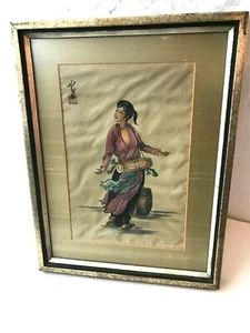 FRAMED PAINTING ON SILK  JAPANESE - LADY WITH DRUM - VINTAGE -  17"X13" - Picture 1 of 6