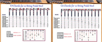E9 & C6 CHORD CHARTS FOR DOUBLE 10 STRING PEDAL STEEL GUITAR - 2 LAMINATIONS - Image 1 of 3