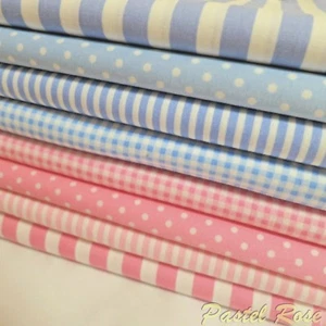Baby Blau Rosa Basic Streifen Punkte Stoffpaket 8 FQs - 100% Baumwollstoff - Bild 1 von 1