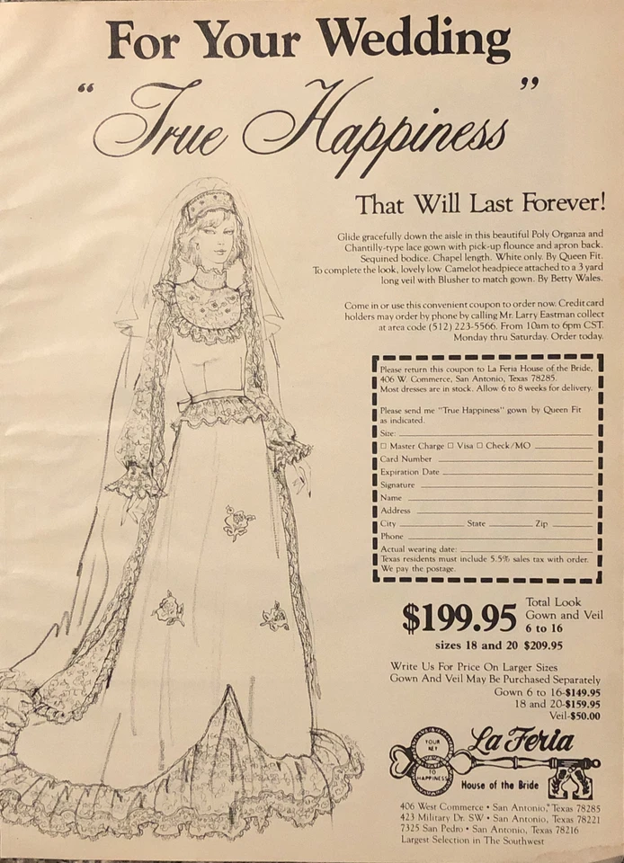 1979 年 La Feria House Of Bride 印花广告圣安东尼奥复古 20 世纪 70 年代婚礼新娘商店 — 第 1/4 张图片