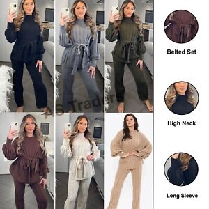Ladies Women Two Piece High Neck Belted Knitted Set Loungewear Tracksuit Set