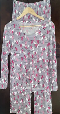 Women's HUE Cat Pajama Set PJs EUC Size Small Grey Pink Pre Owned Long Sleeves - Image 1 of 4