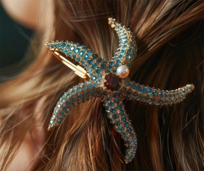 Haute Couture Zircon Gemstone Blue Starfish Hairpin, Pearl Starfish Hairpin - Image 1 of 3