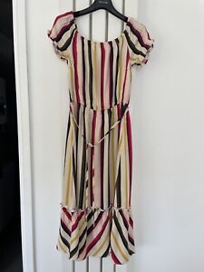 Oasis Fit & Flare Dress Size 10 Bardot Off Shoulder Elastic Waist Bold Stripe