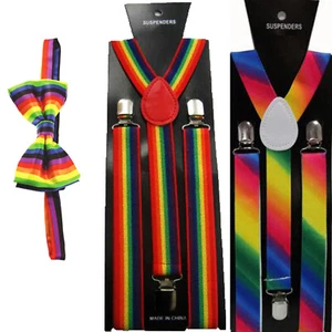 New Rainbow Braces Bow Tie Pride Flag Stripes LGBT Circus Clown Geek Suspenders - Picture 1 of 3