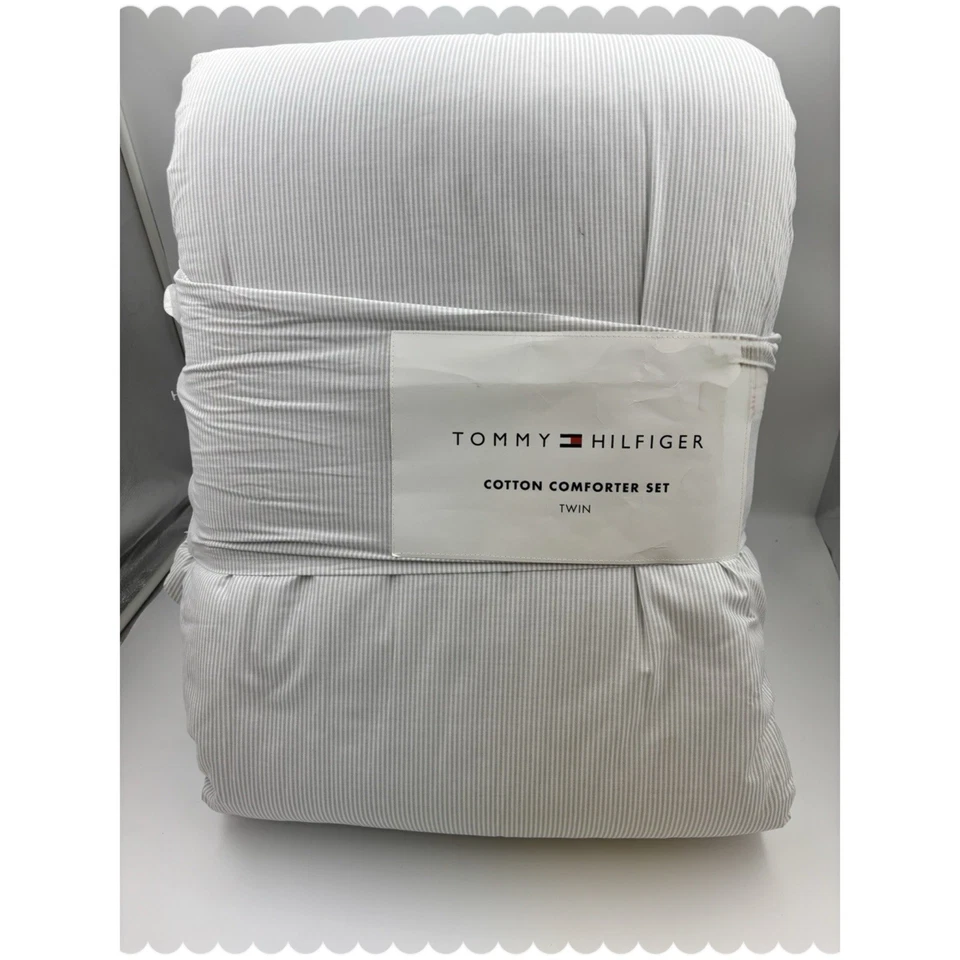 Tommy Hilfiger 双被子套装 灰色和白色条纹 全新 — 第 1/3 张图片