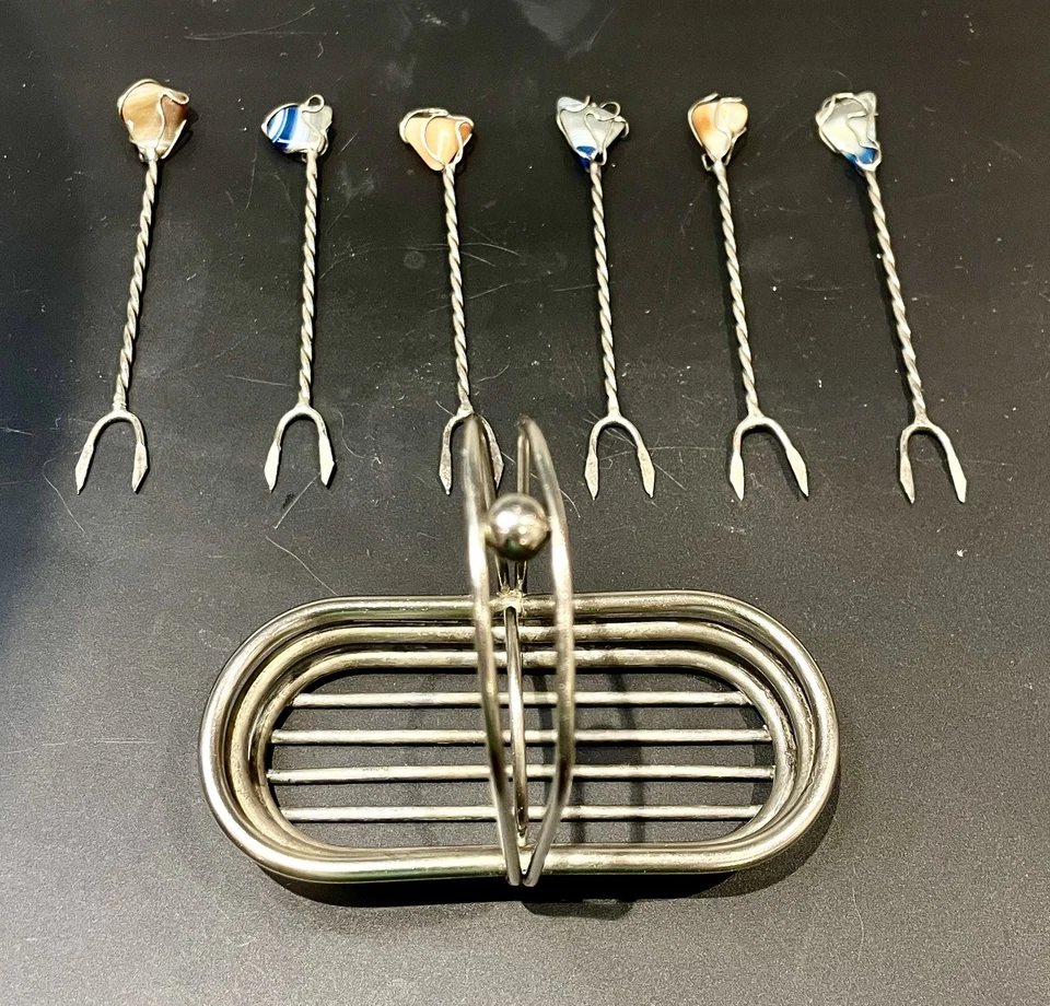 6 Vintage Silver Appetizer Skewers/ Forks / Agate Gems Blue & Brown + Basket - Изображение 1 из 4