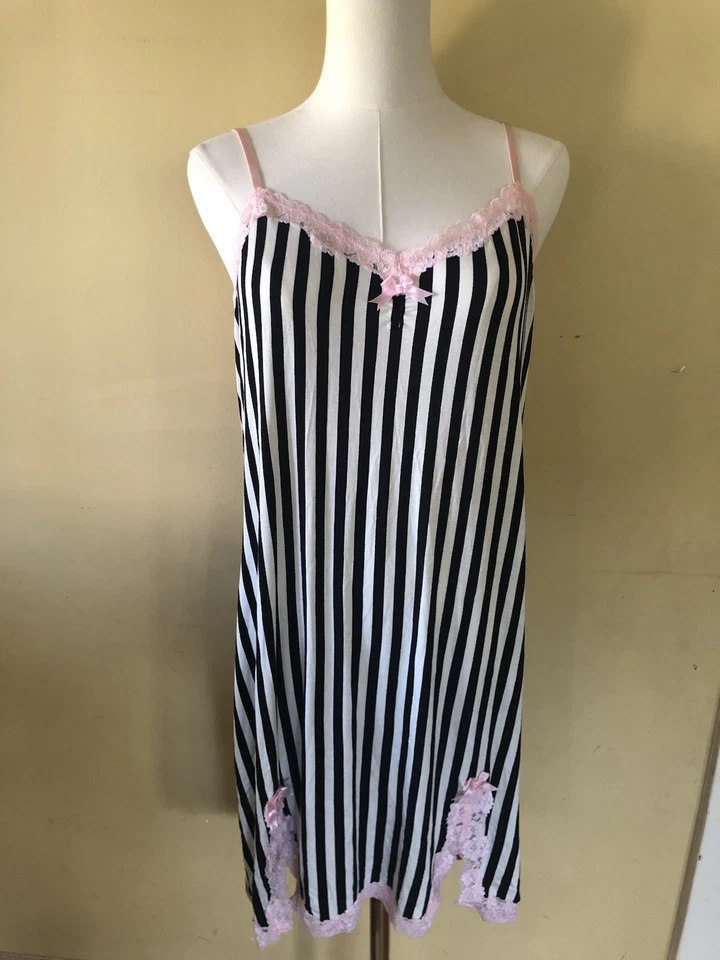 Babydoll Negligee Betsy Johnson Intimates Negro Rayas Rosa Encaje L Foto 1 de 4