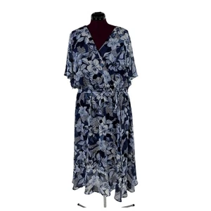 Vestido midi LANE BRYANT azul floral de gasa envolvente sintética talla 22 manga acampanada con cinturón - Imagen 1 de 14
