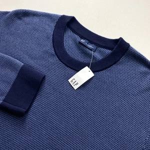 GAP Crewneck Two-Toned Textured Knit Sweater Mens Large All Cotton Blue Pullover - Picture 1 of 13