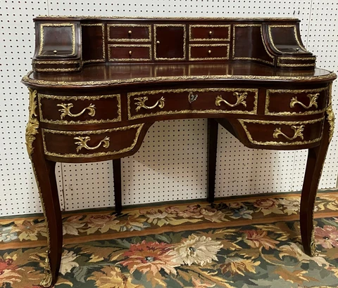 Antique French Louis XV Style Bureau Plat Mahogany Desk Bronze Ormolu Circa 1860 Cover