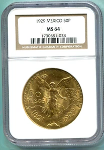 1929 MEXICO 50 PESOS 1.2 Oz. GOLD COIN NGC MS64 MS-64 Older Holder !! - Picture 1 of 2
