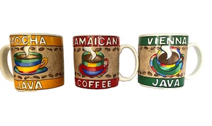 3 Vtg Stoneware SAKURA JAVA COFFEE MUGS 1996 By Sue Zipkin Design Indonesia - Picture 1 of 8
