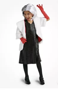 NWT Disney Store Girls Sz 9-10 CRUELLA DE VIL Costume Dress w/ Coat Wig Gloves - Picture 1 of 3
