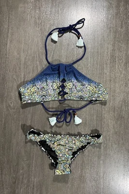 Victoria's Secret Traje de Baño Bikini Conjunto Verde Paisley Borlas Cuello Alto L/M Foto 1 de 4