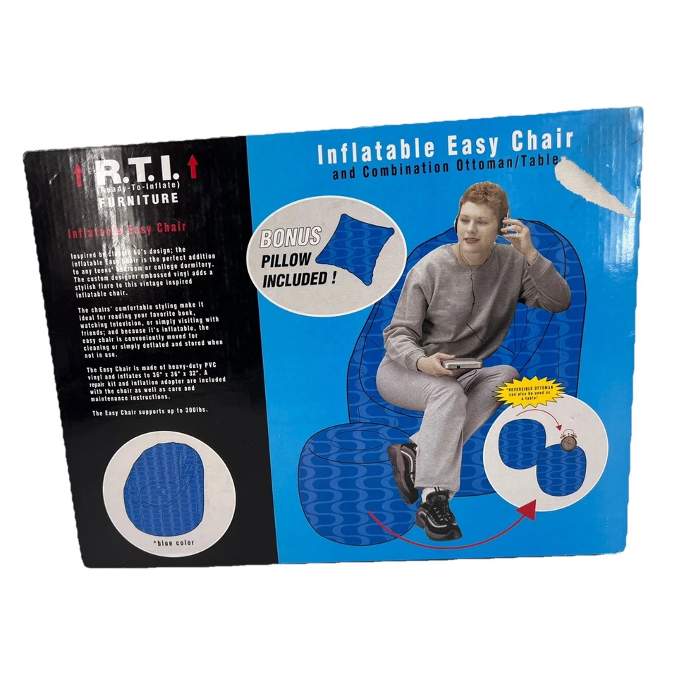 Silla Inflable Y2K De Colección Años 90 Almohada Otomana Adulto Adolescente Azul Onda Groovy Retro Foto 1 de 4