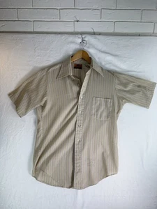 Vintage Van Heusen Shirt Mens Medium Beige Striped Short Sleeve V Taper 70s - Picture 1 of 7