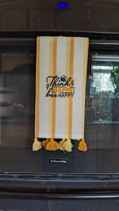 Embroidered Towel-"Think Happy Bee Happy" -Golds and White - Picture 1 of 2