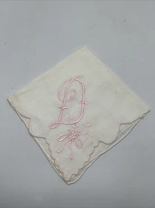 Vgt D Monogram Pink & White Embroidery White Cotton Hankie Handkerchief - Picture 1 of 2