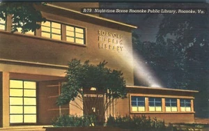 Postal de la Biblioteca Pública de Roanoke por la noche Roanoke Virginia - Imagen 1 de 2