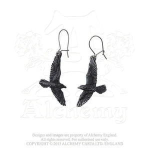 Alchemy Gothic Black Raven Earrings Odin's Companion Black Pewter Earrings - Picture 1 of 3