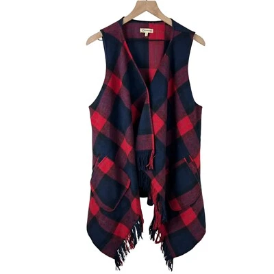 Democracy Red Blue Plaid Snap Button Front Fringe Hem Sleeveless Sweater Vest XL - Image 1 of 4