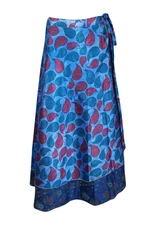 Blue Boho Wrap Skirt Recycled Double Side Reversible Beach Travel Skirt Dress 