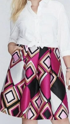 Falda plisada acampanada Lane Bryant rosa negra diamante geométrico hasta la rodilla talla 16 Foto 1 de 3