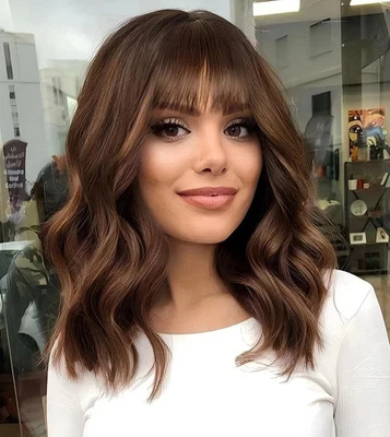 Nueva peluca completa ondulada marrón claro natural larga cabello humano para mujer 14 pulgadas Foto 1 de 4